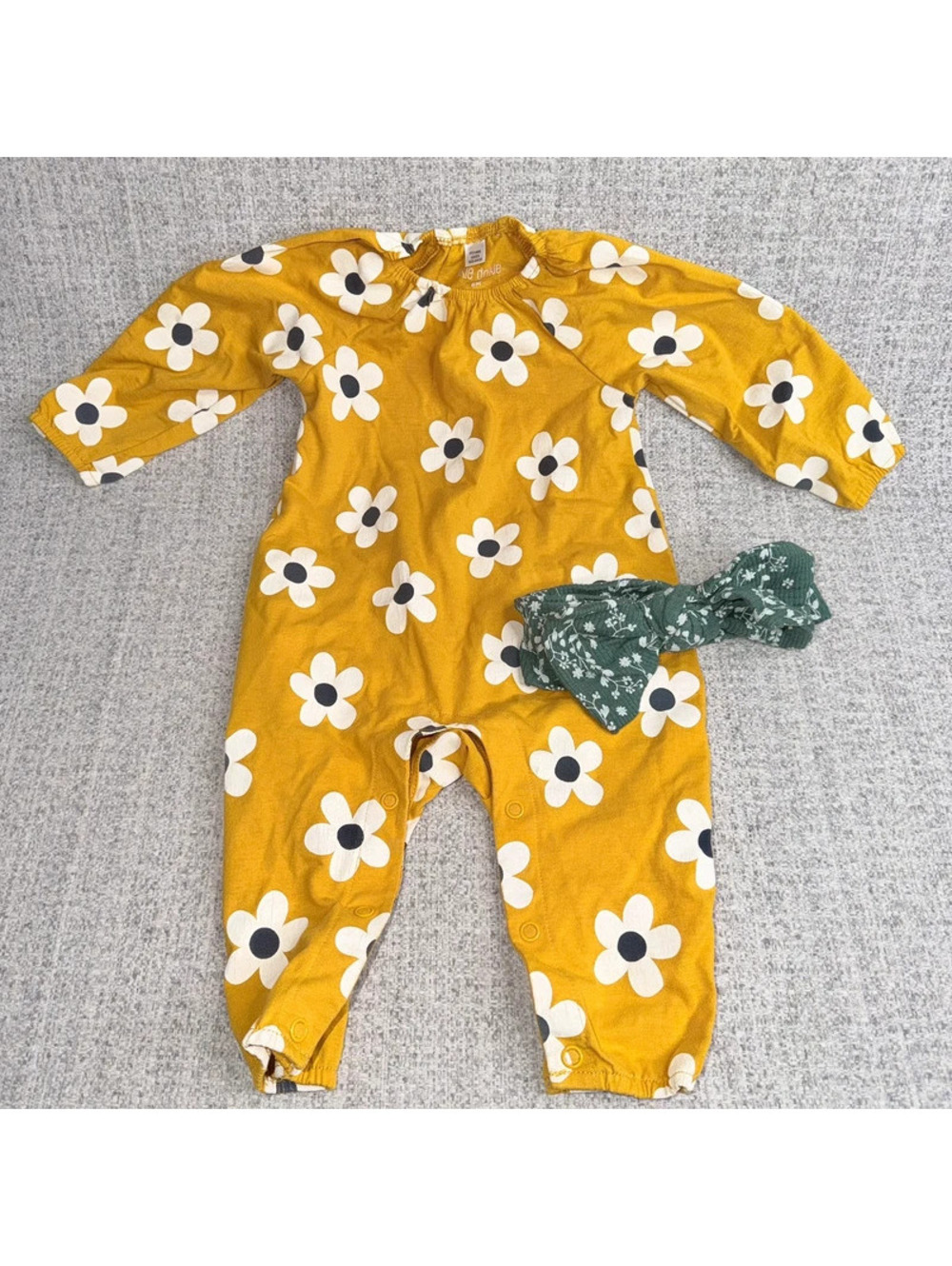 Okie Dokie Baby Girl Fall Floral Romper With Bow Headband Mustard 6 Months